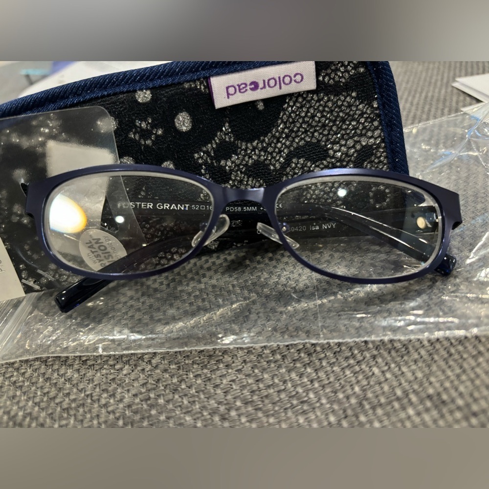 COLOR READ FOSTER GRANT navy blue metal glasses, unique, rectangle. NEW. +3.25